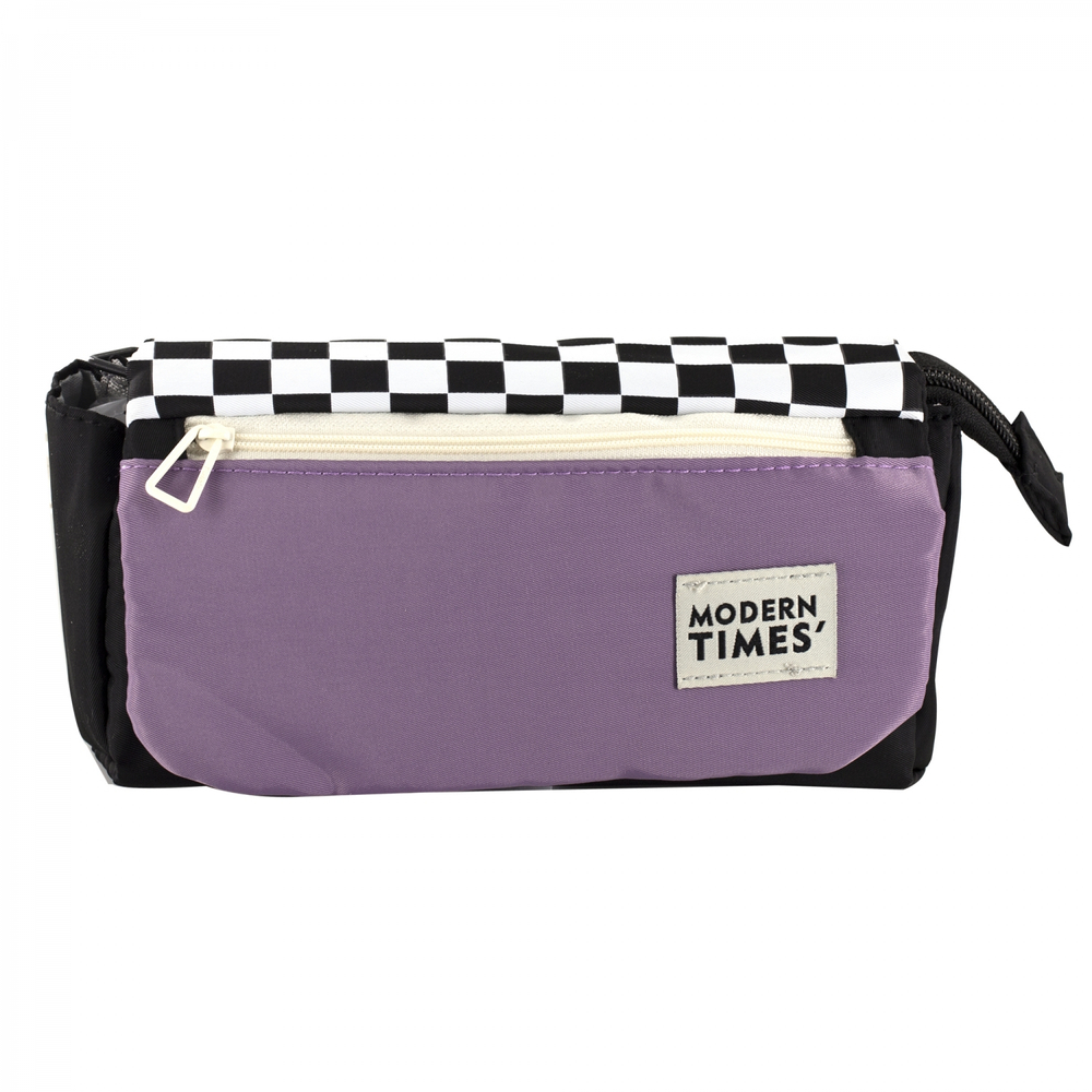 Пенал - косметичка Alingar, ткань, молния, боковой карман, липучка, 200 х 90 х 45 мм, "Modern TIMES", черный/сиреневый, дизайн клетка, европодвес