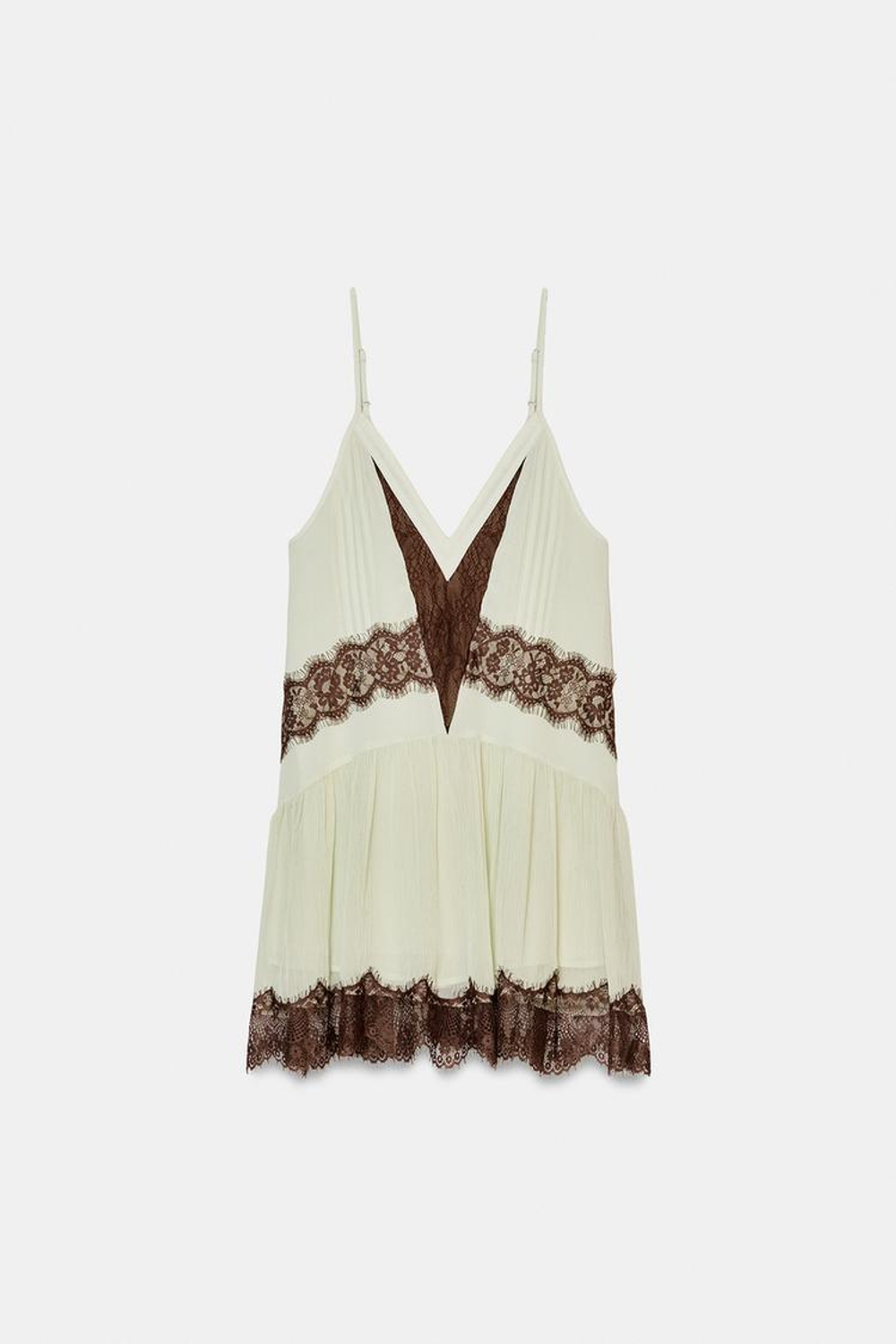 ZARA КОРОТКОЕ КОМБИНИРОВАННОЕ ПЛАТЬЕ С КРУЖЕВОМ, КОРИЧНЕВЫЙ/ЗЕЛЕНЫЙ