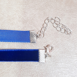 Чокер бархатный синий на шею (10 мм) без подвески. Фурнитура под серебро.