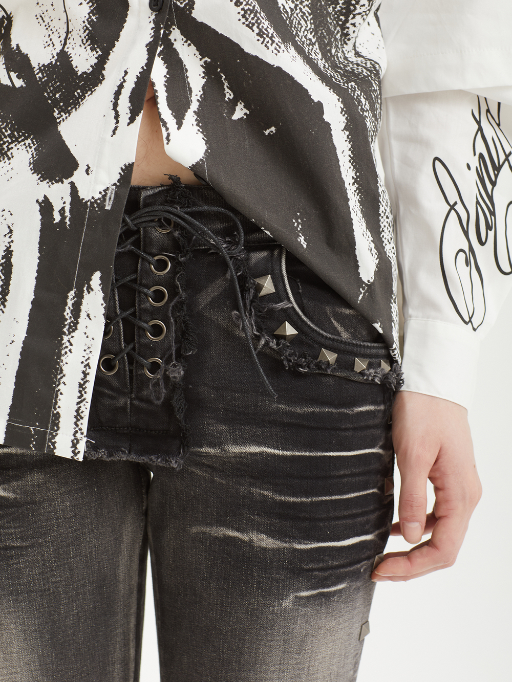 Женские Джинсы (Regular Fit) Sadie Black Washed Studded Lace Up Flare