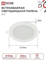 Панель светодиодная встраиваемая круглая RLP 12Вт 230В 4000К 840Лм 170мм белая IP40 IN HOME