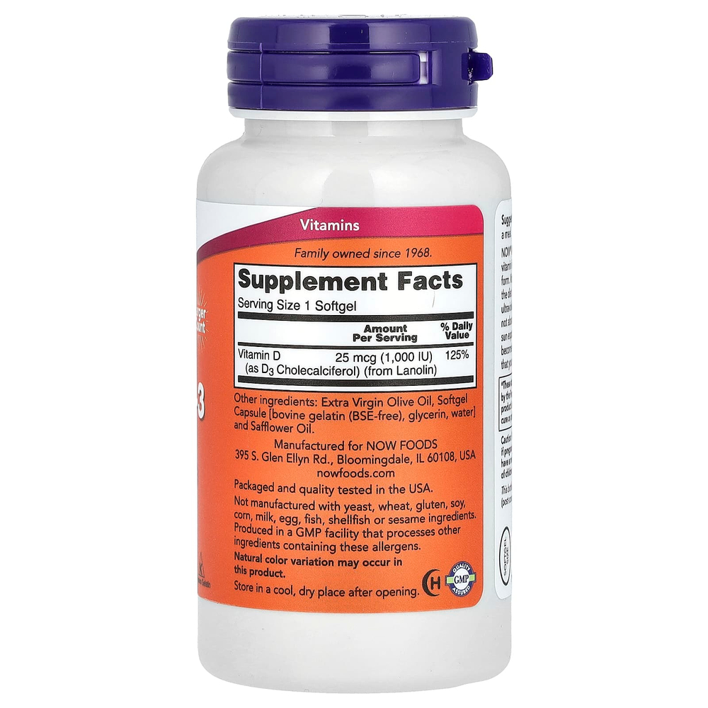 NOW Foods, витамин D3, высокоэффективный, 1000 МЕ, 360 капсул