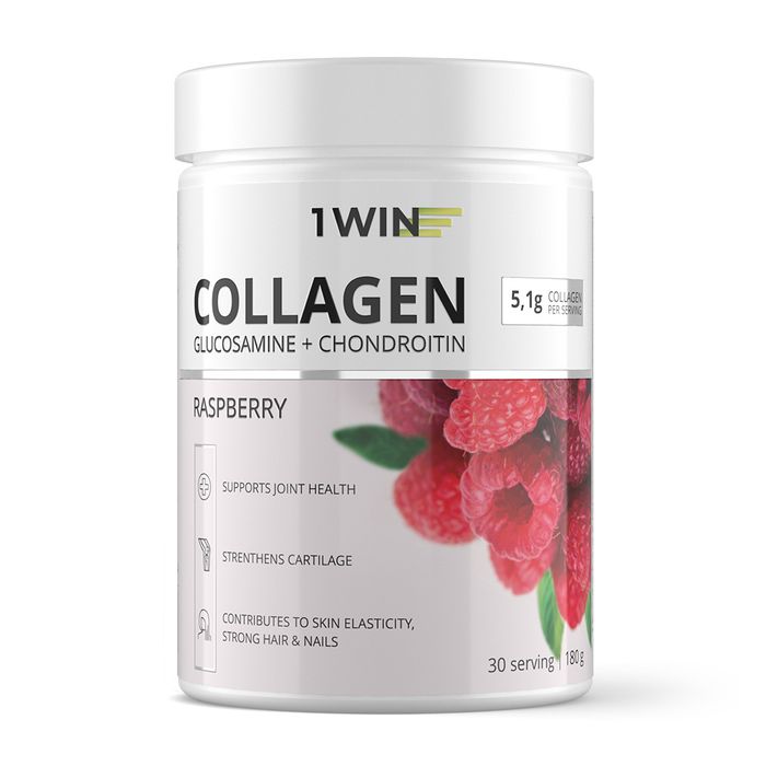 Коллаген + Витамин С с Глюкозамином и Хондроитином &quot;Малина&quot;, Collagen + Vitamin C + Glucosamine and Chondroitin Raspberry, 1Win, 180 г