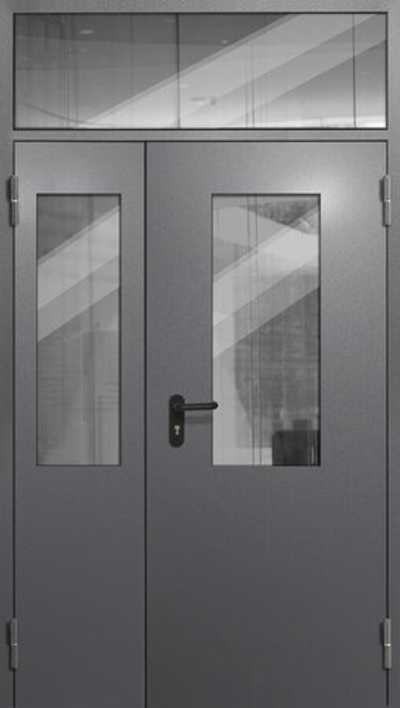 Полуторная входная дверь с остекленной фрамугой и двумя стеклами - 1202