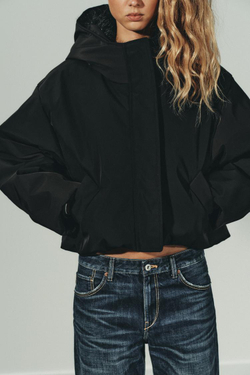 ZARA СТЕГАНАЯ ВЕТРОЗАЩИТНАЯ КУРТКА WATER REPELLENT С КАПЮШОНОМ И МЕХОМ, ЧЕРНЫЙ