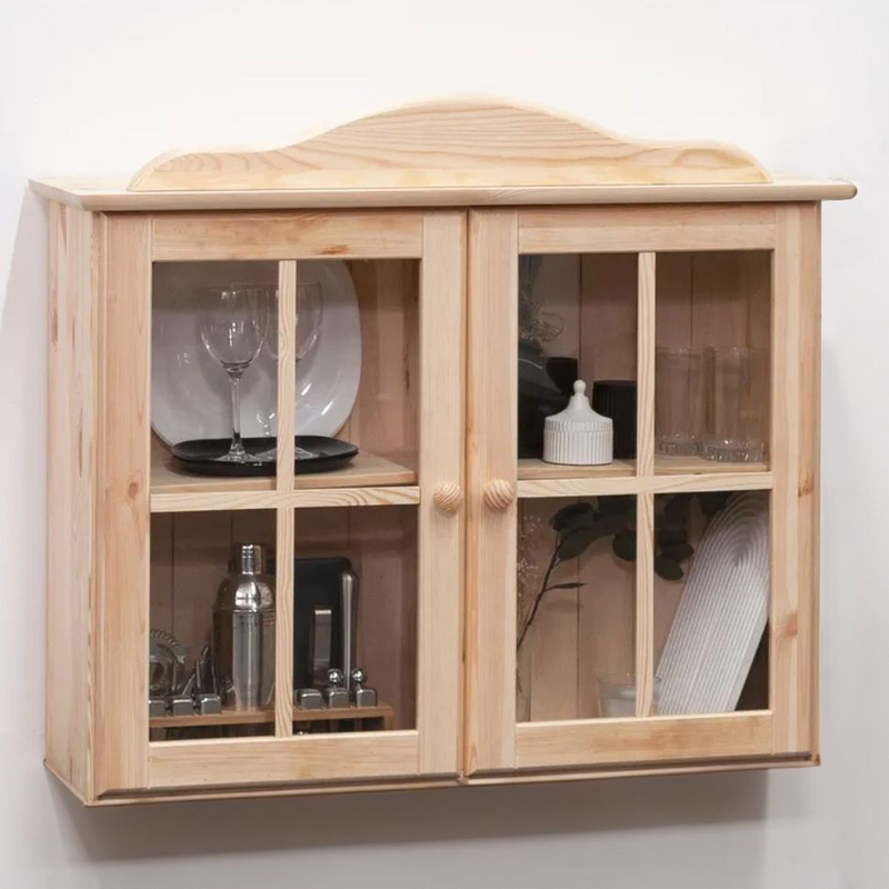 Шкаф навесной кухонный Лена 2 двери 2 полки с карнизом из массива сосны, без отделки