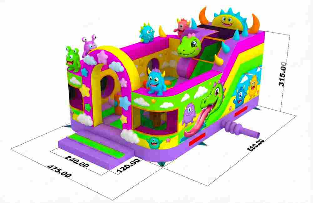 Коммерческий надувной батут «Монстрики-друзья», 6,5×5×3,2 м, с горкой