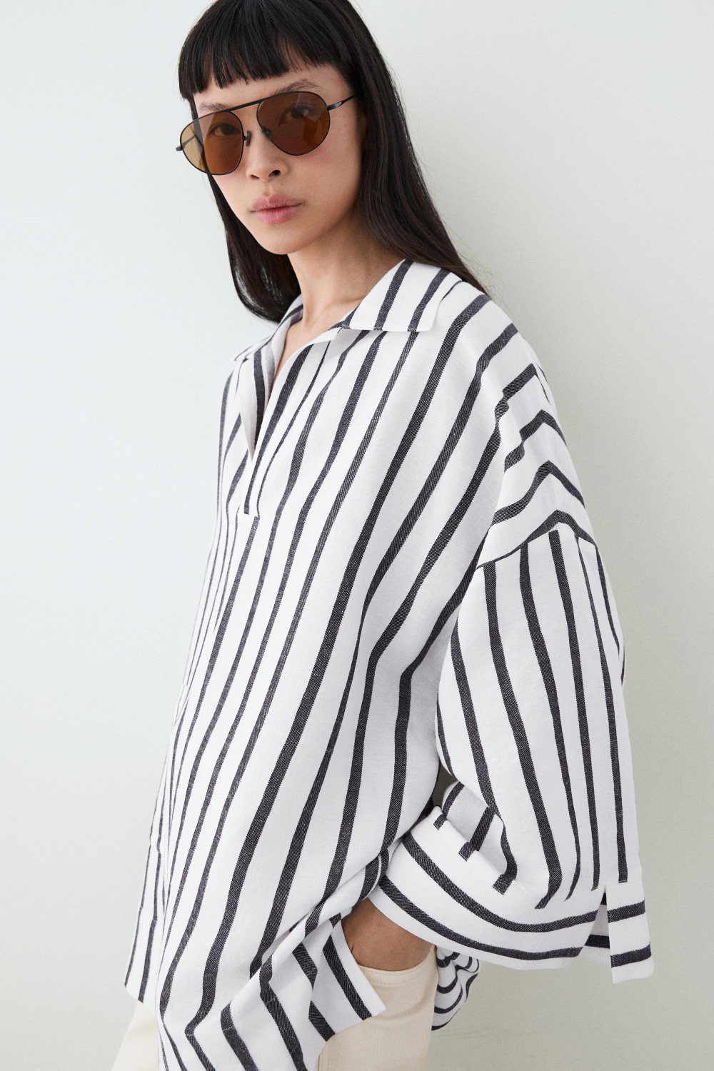 Massimo Dutti Рубашка оверсайз в полоску из льна, белый