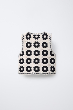 ZARA ЖИЛЕТ ИЗ КРУЖЕВА КРОШЕ С ЦВЕТОЧНЫМ УЗОРОМ, ЭКРЮ/ЧЕРНЫЙ