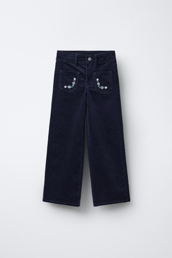 ZARA БАРХАТНЫЕ БРЮКИ С ВЫШИВКОЙ В ВИДЕ ЦВЕТОВ, СИНИЙ