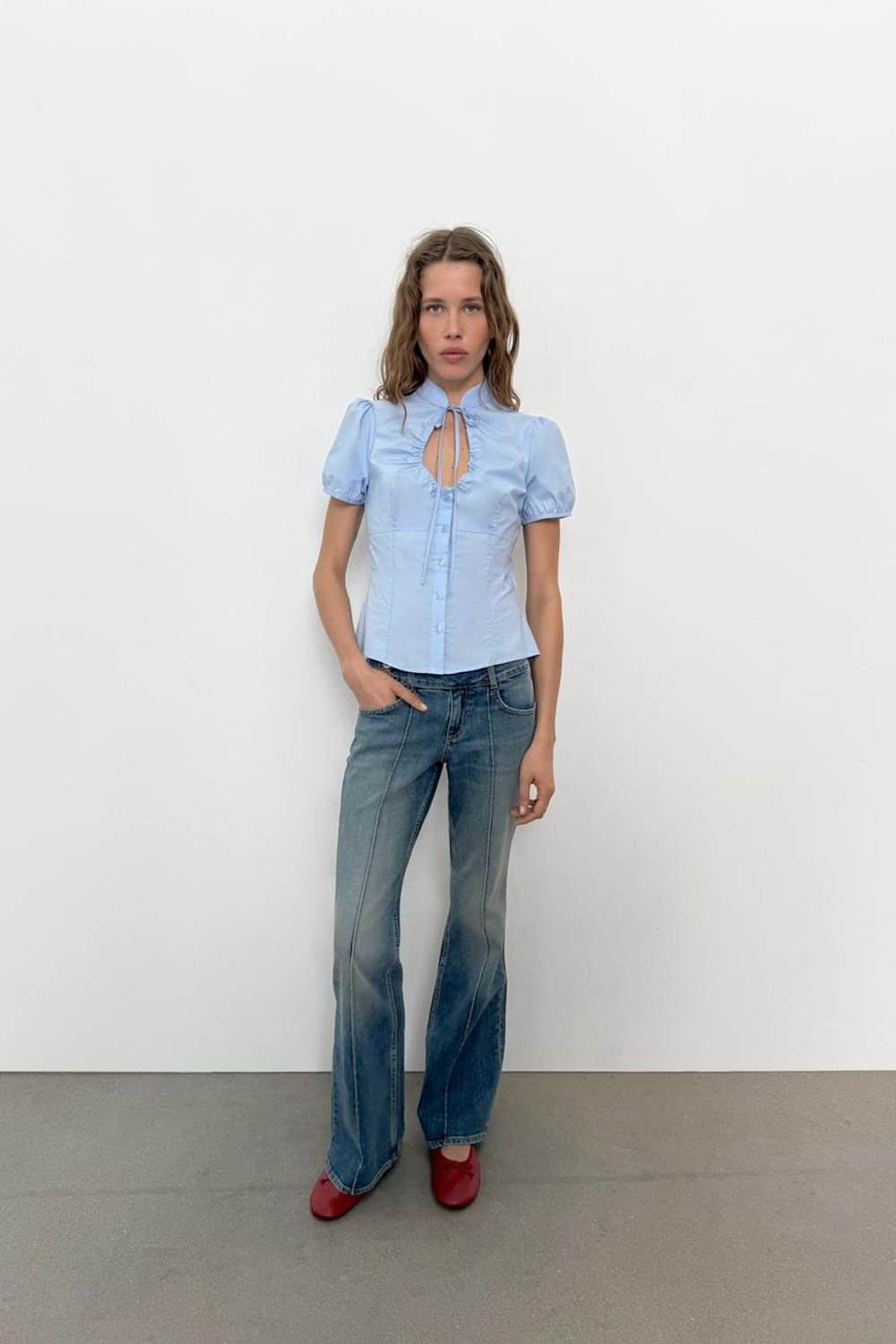 ZARA ТОП ИЗ ПОПЛИНА С ЗАВЯЗКАМИ, ГОЛУБОЙ