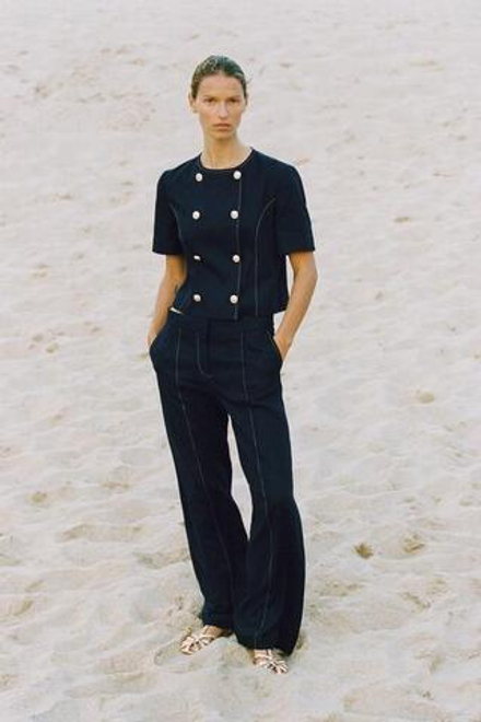 ZARA БРЮКИ ПРЯМОГО КРОЯ ИЗ СМЕСОВОГО ЛЬНА С ДЕКОРАТИВНОЙ СТРОЧКОЙ, МОРСКОЙ СИНИЙ