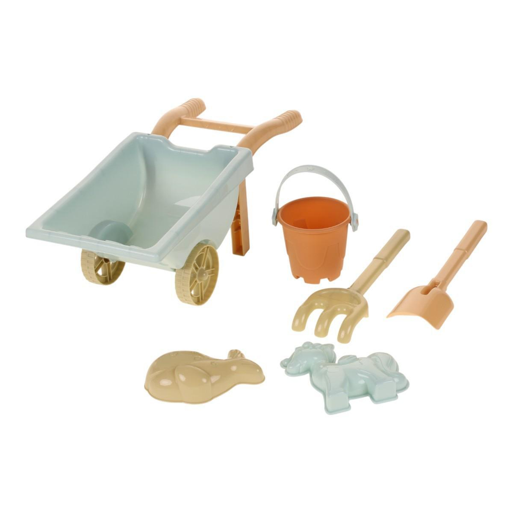 Набор для игры в песок с тачкой (5предм.) ведерко,совок,грабли,форм,сет.212-7