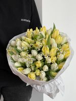 Букет большой из 51 белых, лимонных тюльпанов и ромашек