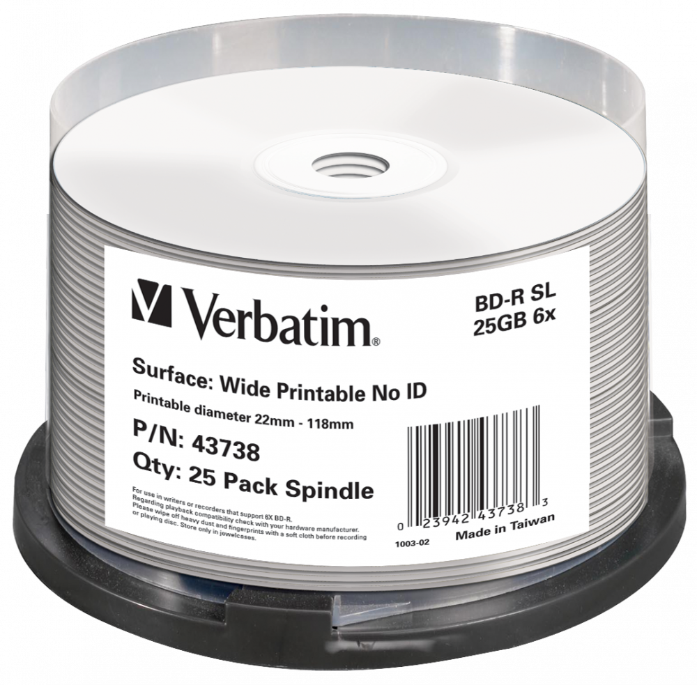 Оптический диск Verbatim BD-R SL 25GB 6X DataLifePlus Wide Inkjet Printable No ID, Spindle, 25 шт