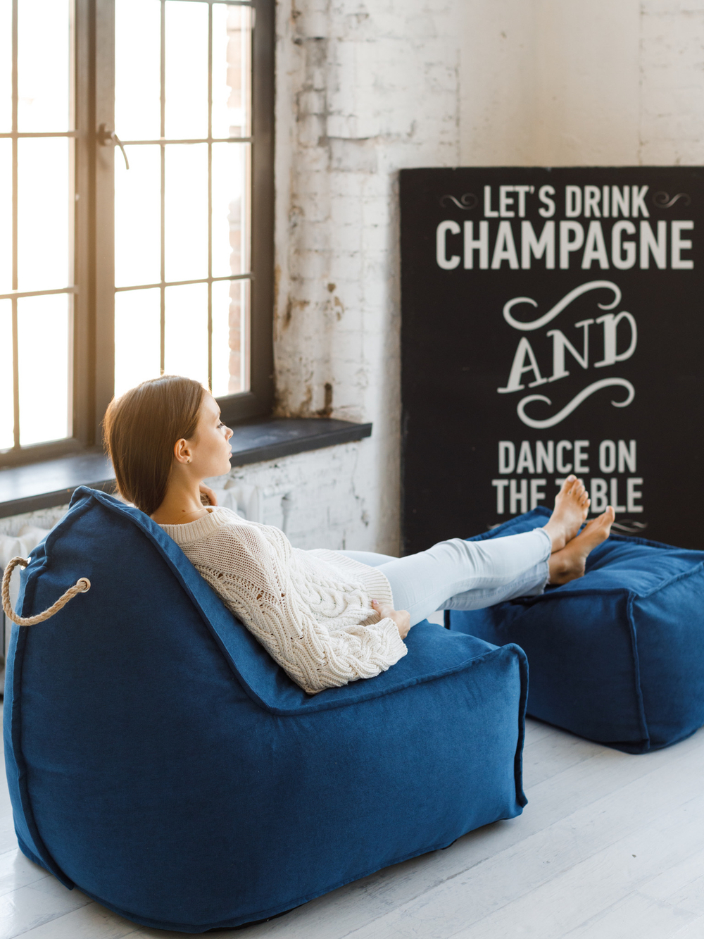 Кресло Манхеттен Синее с Пуфом