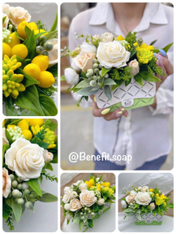 Букет «Розы и лимоны, сумочка»