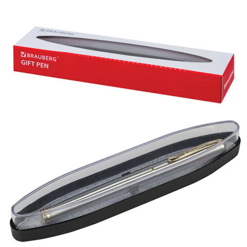 Ручка подарочная перьевая BRAUBERG "Maestro", СИНЯЯ, корпус серебристый с золотистыми деталями, 143469