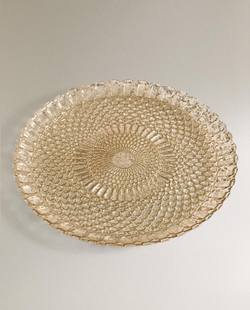 ZARA HOME НОВОГОДНЯЯ СТЕКЛЯННАЯ ТАРЕЛКА ИЗ РЕЛЬЕФНОГО СТЕКЛА, СЕРЕБРЯНЫЙ