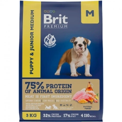 Brit premium dog puppy and junior medium сухой корм для щенков и молодых собак средних пород с курицей - 3 кг