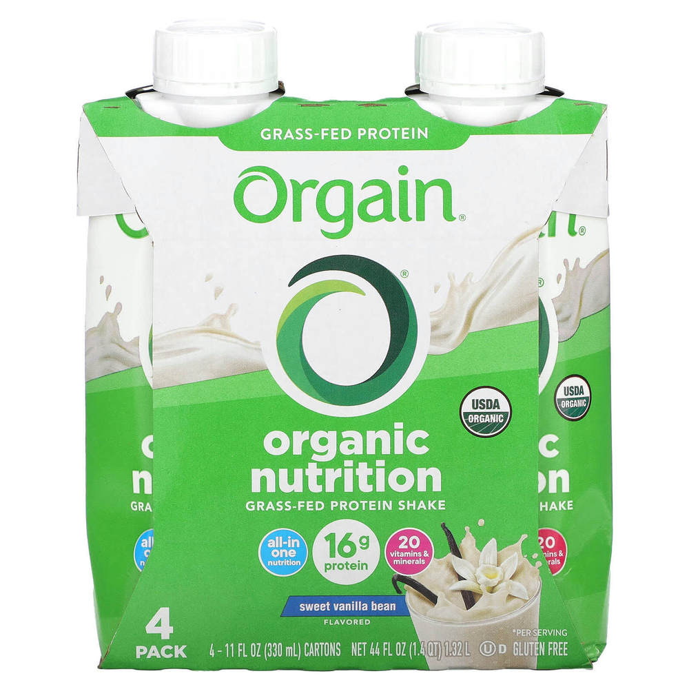 Orgain, Organic Nutrition, протеиновый коктейль из молока коров травяного откорма, со вкусом сладкой ванили, 4 пакетика по 330 мл (11 жидк. унций)