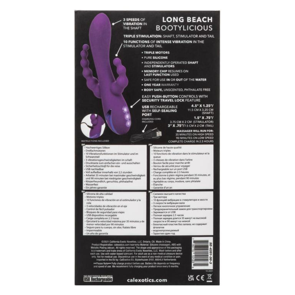 Фиолетовый вибромассажер-кролик Long Beach Bootylicious с анальной цепочкой