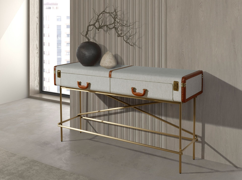 Консольный стол 3271 из шпона ореха и светло-серой ткани