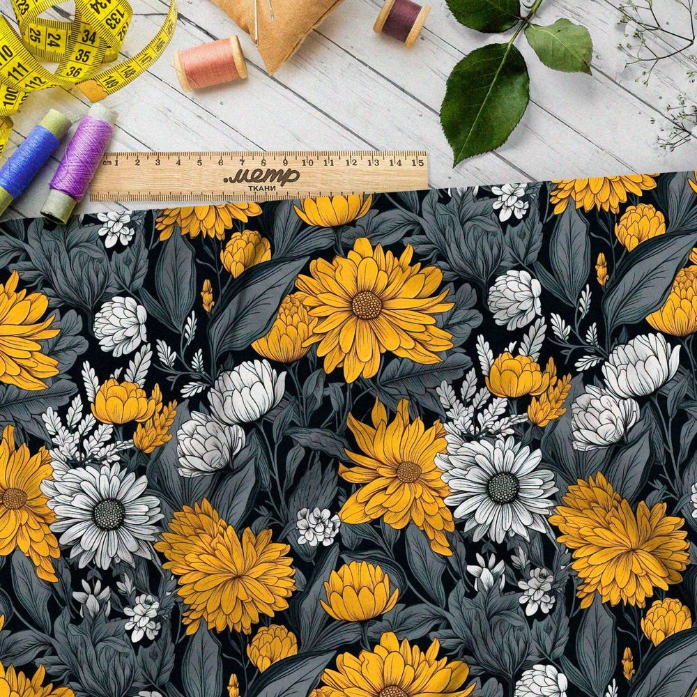 Ткань премиум атлас цветочная графика