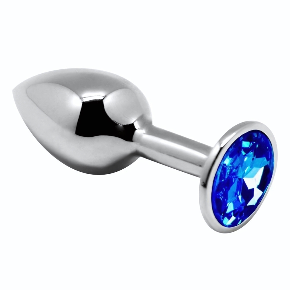 Серебристая анальная втулка с синим кристаллом Mini Metal Butt Plug Size M - 8 см. (Цвет: серебристый)