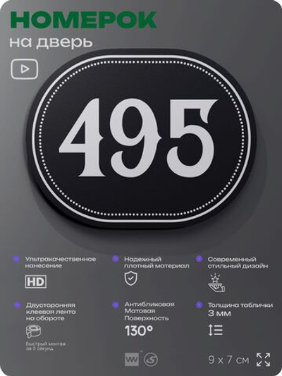 Номерок на дверь квартиры 495, для кабинета, офиса, шильдик 9 х 7 см, черный, Айдентика Технолоджи