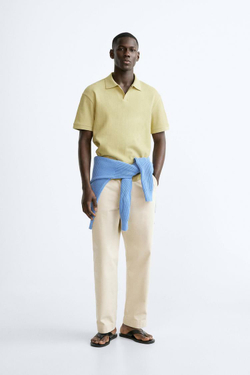 ZARA ПОЛО ИЗ РЕЛЬЕФНОЙ ТКАНИ, ЖЕЛТОВАТЫЙ