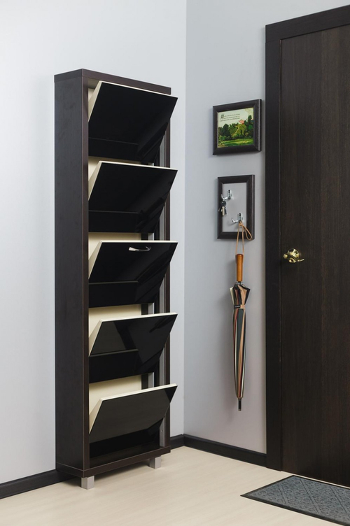 Обувница в прихожую компактная для обуви Люкс 5 черное стекло венге