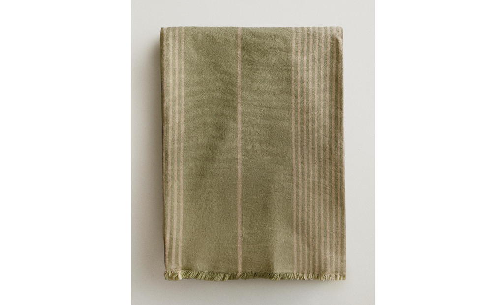 Zara Home плед из хлопка, зелёный, в полоску, 140x190 см