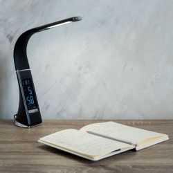 TLD-542 Black-LED-300Lm-5000K-Dimmer Светильник настольный c часами. календарем. термометром. 5W. Сенсорный выключатель. Черный стилизован под кожу. TM Uniel.