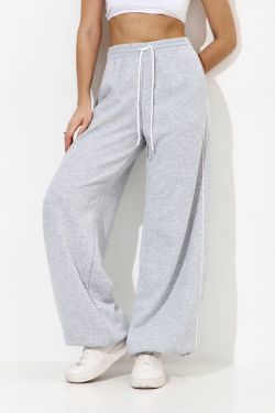 Широкие джоггеры без начеса с кантом цвета серый меланж