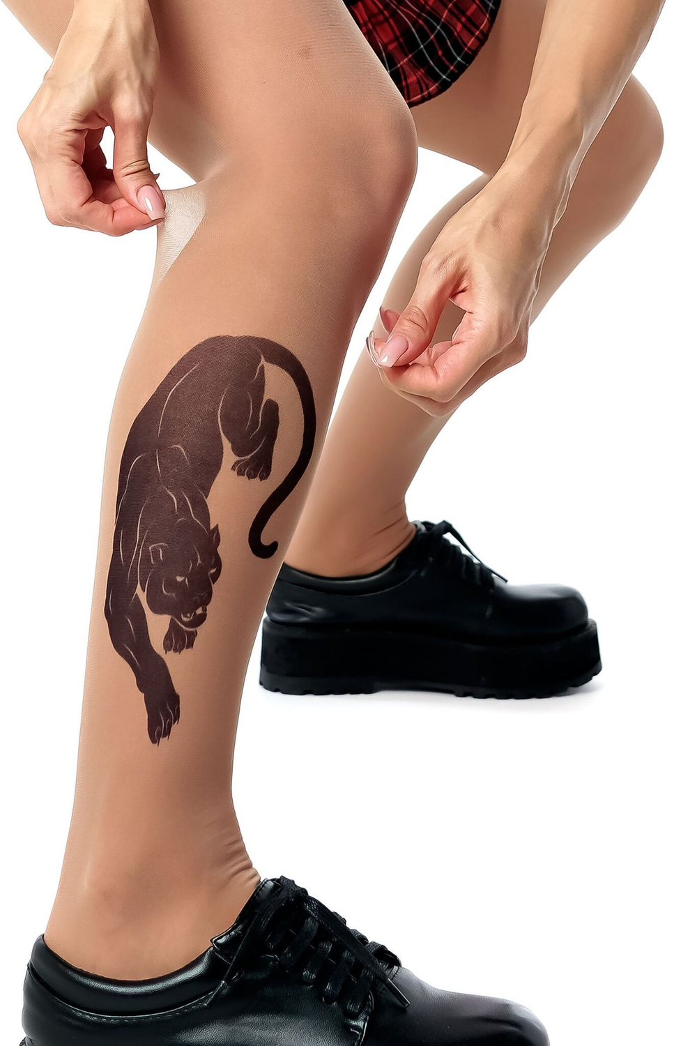 Колготки +size с принтом в виде пантеры на правой ножке (Размер: XL-XXL-XXXL) (Цвет: бежевый)