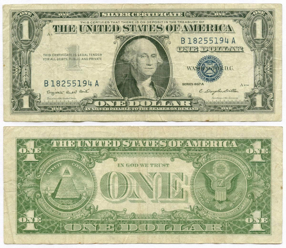 Банкнота США 1 доллар (серебряный сертификат) 1957A B 18255194 A. VF