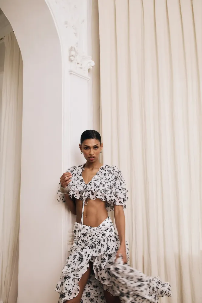 Lissa maxi, юбка макси из молочного шифона с цветочным принтом