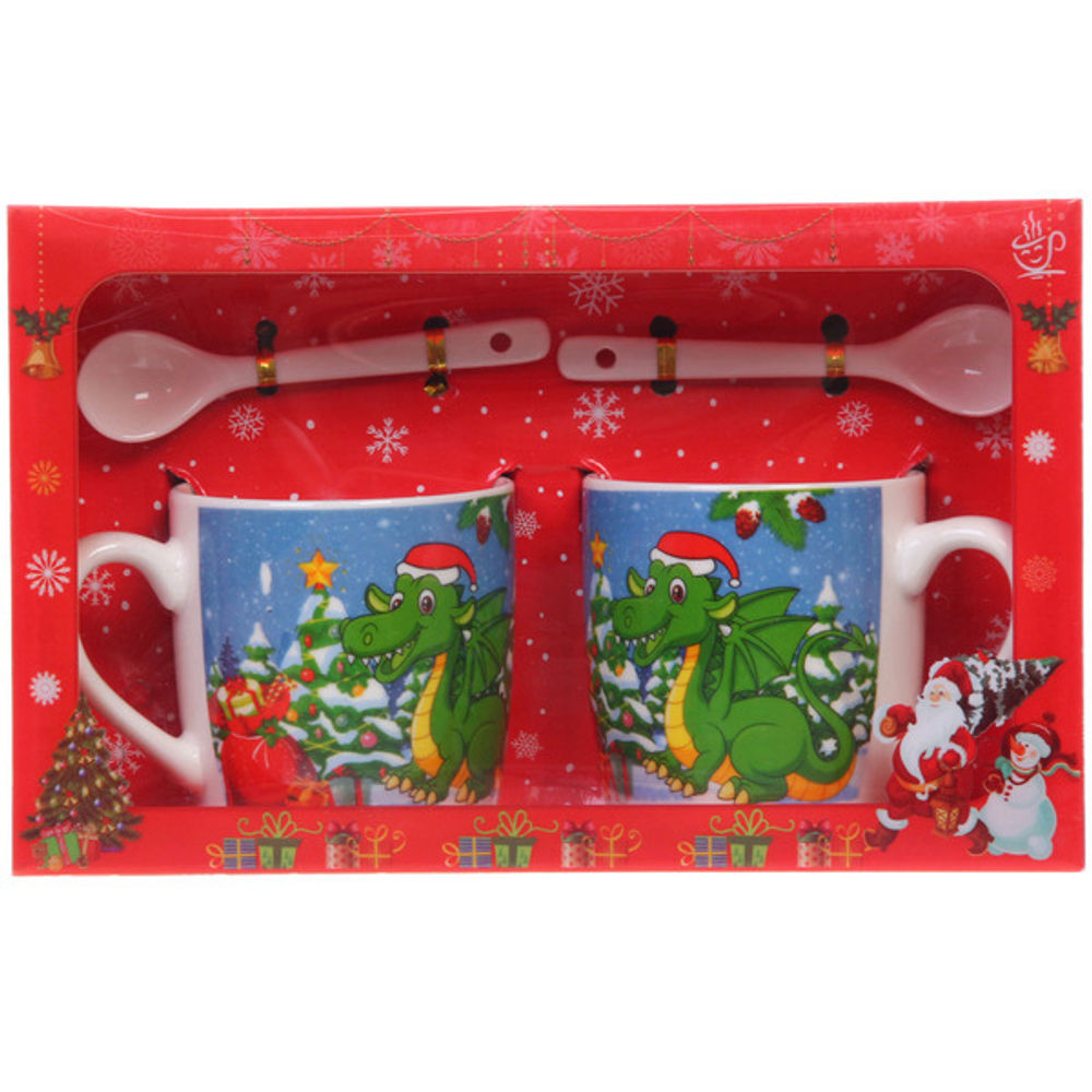 Кружка керамическая 200мл в наборе 2шт с ложками «Дракоша»