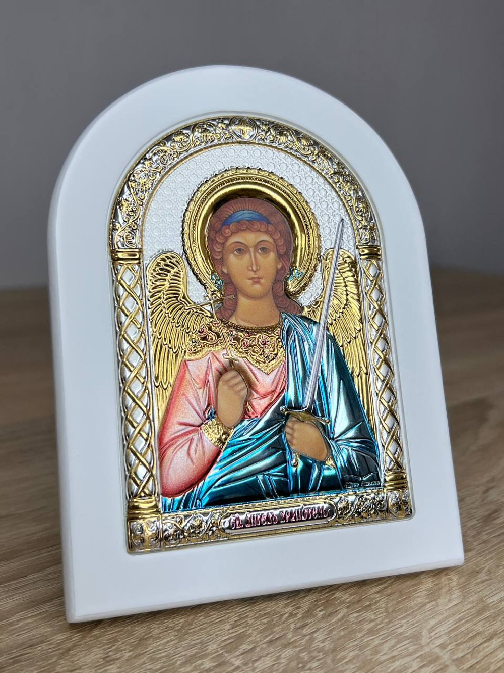 Ангел Хранитель, икона арочная, белое дерево, эмаль 105х140