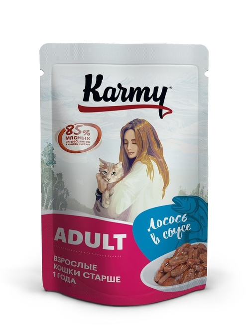 Влажный корм Karmy Adult для взрослых кошек, лосось в соусе, 80 г