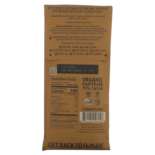 Hu, темный шоколад без добавок, 60 г (2,1 унции)