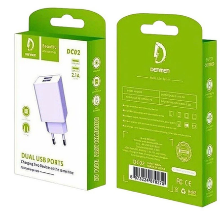 Сетевая зарядка 2-гнезда USB 5В 2.1А 10,5W DENMEN DC02