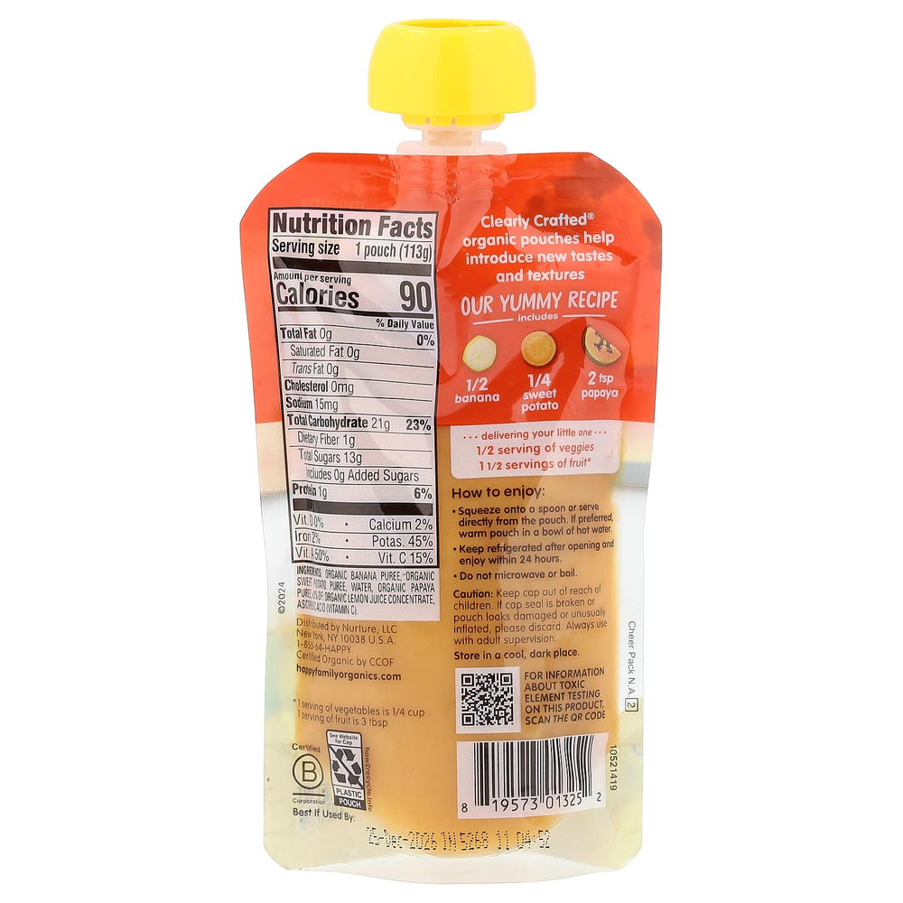 Happy Family Organics, Happy Baby®, органическое детское питание, для детей от 6 месяцев, бананы, батат и папайя, 113 г (4 унции)