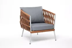 "Диего" кресло плетеное из роупа, каркас алюминий светло-серый (RAL7035) муар, роуп оранжевый меланж круглый, ткань светло-серая