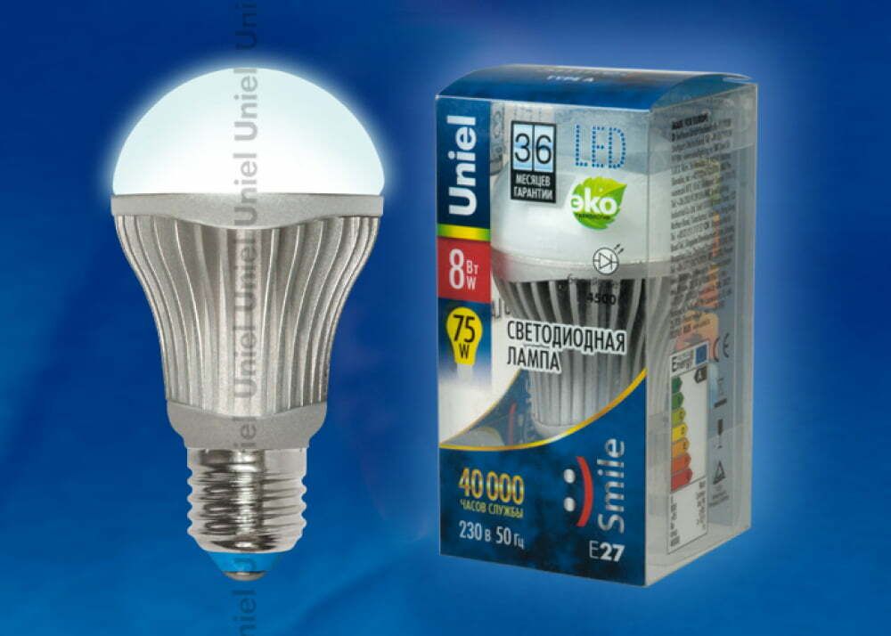 LED-A60-8W/NW/E27/FR ALS01SL Лампа светодиодная. Форма A, матовая колба. Материал корпуса алюминий. Цвет свечения белый. Серия Aluminium Smile. Упак