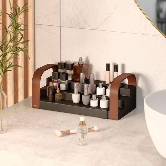 Полка для специй трехъярусная раздвижная bellwood, черная/орех