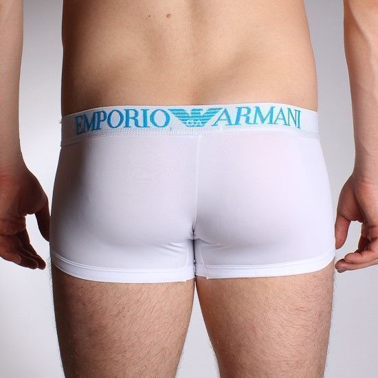 Мужские трусы хипсы белые с бирюзовой надписью Emporio Armani Basic Intimates Trunks