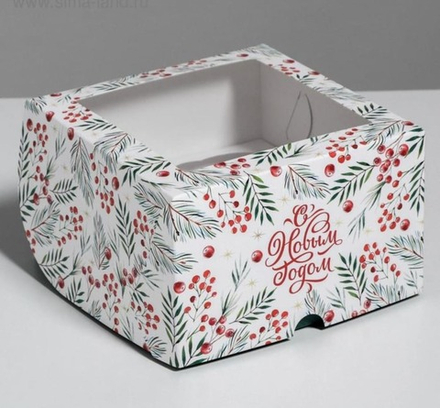 Коробка для капкейков на 4шт "с Новым Годом" с окном 16х16х10 см