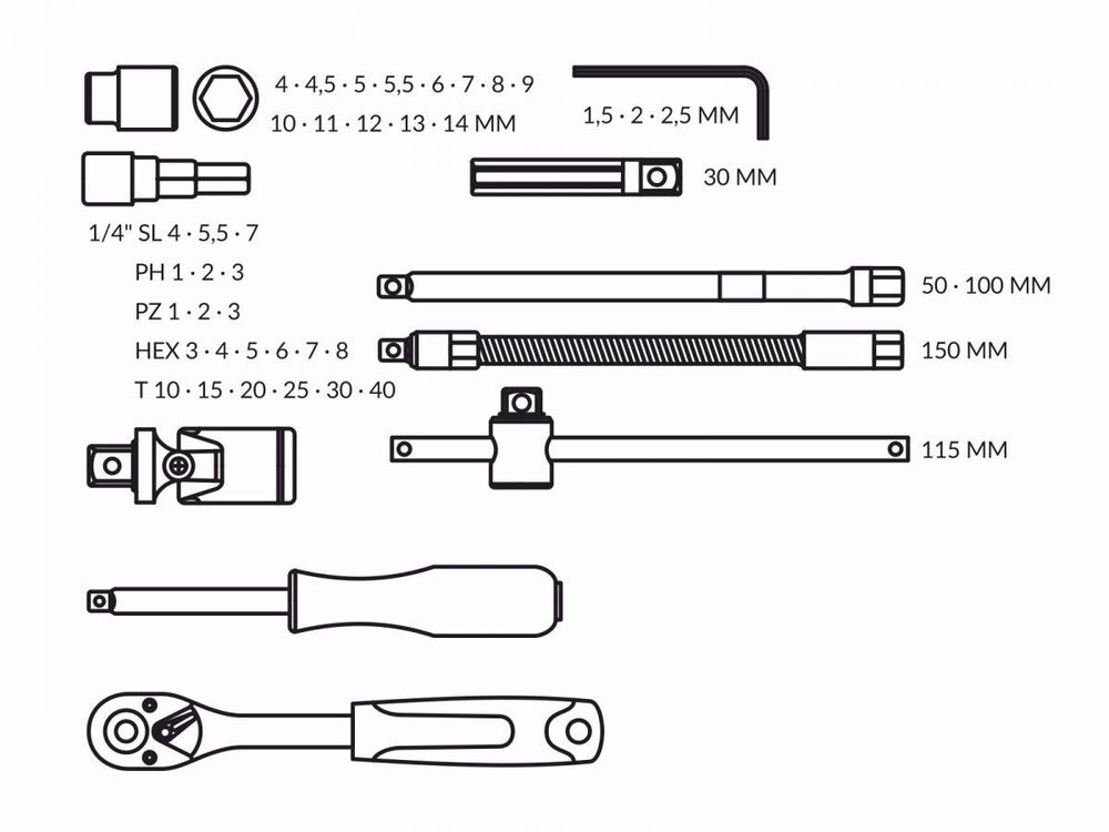 Набор головок и бит 46 предметов TREK (1/4", 6 граней )